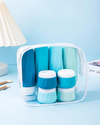 Mrsdry Travel Bottles for Toiletries, 10 Pack, TSA Approved, 3oz/90ml Silicone, Leak Proof, Wide Mouth, Reusable, Travel, Vacation, Plane Trip, Camp - color: Blue, size: 3oz bottle 1oz jar