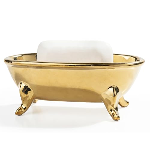 6.7" Ceramic Mini Clawfoot Bathtub Bar Soap Dish, Decorative Bar Soap Holder, Soap Tray Sponge Holder for Shower, Bathroom & Kitchen Sink (Gold) - color: Gold