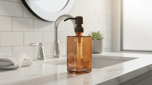 13.5 Oz Coffee Glass Soap Dispenser with Rust Proof Stainless Steel Pump, Antique Design Refillable Square Lotion Dispenser for Bathroom, Premium Kitchen Hand Soap (Oil Rubbed Bronze) - color: Coffee+oil Rubbed Bronze