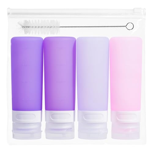MICEBAY Condiment Squeeze Bottles for Sauces, 3-oz Mini Silicone Salad Dressing Container to Go with Snack Storage Bag, Leakproof Sauce Bottles for Lunch Box, 4 Pack, Purple - color: Purple, size: 3 OZ