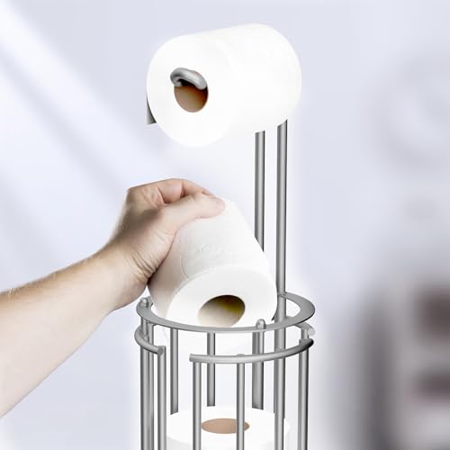 Meangood Toilet Paper Holder Stand and Tissue Paper Roll Dispenser for 4 Mega Rolls, Bathroom Free Standing Tissue Roll Storage Holder Rack, Detachable (Matte Silver) - color: Matte Silver
