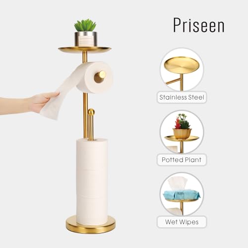 Toilet Paper Holder Stand with Phone Shelf, Gold TP Holder Freestanding, Holds 5 Rolls, Stainless Steel (Gold) - color: Gold