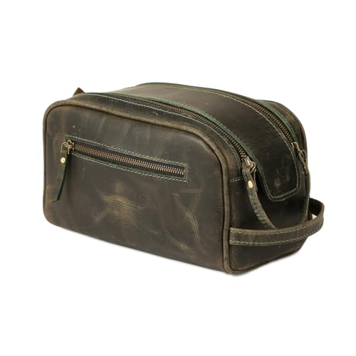 KomalC Leather Toiletry Bag for Men & Women – Handcrafted Travel Grooming Kit with Water-Resistant Lining and Secure Zipper Closure - style: 1 Zip Classic Dark Green