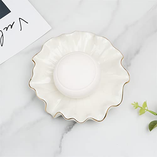 Soap Dish with Drain Ceramic White Lotus Leaf Soap Holder Soap Saver for Bar Soap, Kitchen Sink, and Bathroom Shower - color: White