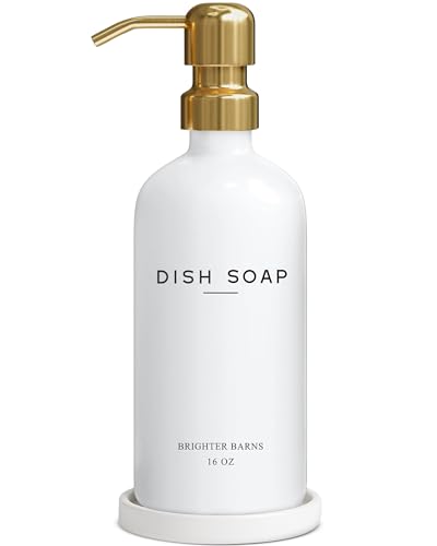 Luxury Glass Dish Soap Dispenser for Kitchen Sink by Brighter Barns - Modern Kitchen Soap Dispenser Set - Refillable Glass Pump Bottle and Tray - White and Gold Home Decor and Accessories, Gift (Gold) - color: Gold D
