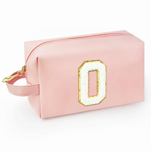 Personalized Initial Makeup Bag with Handle, Preppy Cosmetic Bag with Inner Zipper Pocket, 8 9 10 11 12 13 14 Years Old Girl, Graduation Gifts for Teen Girls Women Teachers (O, Pink) - color: Pink, style: O