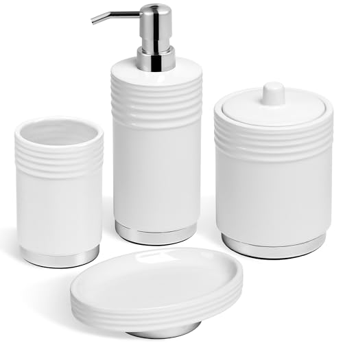 RQYIXI Bathroom Accessories Set 4 Pieces Ceramic Bathroom Accessory with Metal Base Set Contain Soap Dispenser Cotton Swab Jar Toothbrush Cup Soap Dish - color: White Metal Base