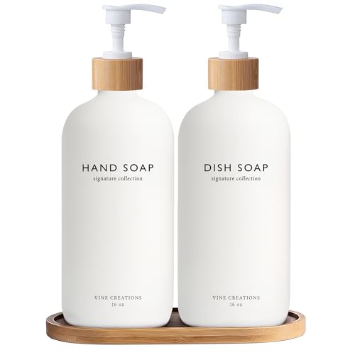 Vine Creations White Glass Soap Dispenser Set, Hand Soap and Dish Soap Dispenser Set with Bamboo Tray, 16 oz Glass Dispensers Bottle for Kitchen and Bathroom Decor Modern Boho with Bamboo Pump (White) - color: White