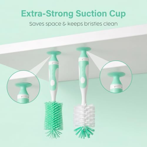 Ariseno 5-in-1 Baby Bottle Brush Set, Bottle Brush for Baby, Bottle Cleaner Brush Set, Including Nylon and Silicone Bottle Brush, Bottle Cap Brush, Straw Brush, Nipple Brush, BPA-Free (Green) - color: Green-nylon Silicone