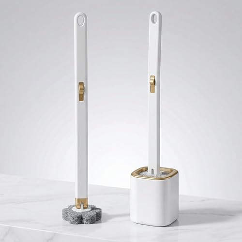 Disposable Toilet Brush Set with 24 Refill Heads, Wall Mounted Bathroom Cleaning Wand, 3-Layer Scrubbing Pads with Built-in Cleaner, One-Click Contactless Replacement, White and Gold