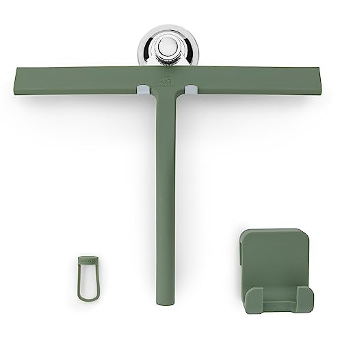 GÜTEWERK Silicone Shower Squeegee for Glass Doors & Mirrors with Stainless Steel Core, Streak-Free & No-Squeak Window Cleaning, 3-in-1 No-Drill Mount (Hook/Suction/Adhesive),Green, 11 Inches - color: Green, size: 11 Inches