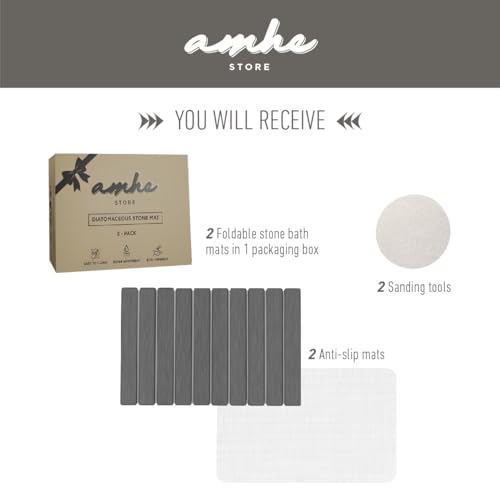 Amhe 2 Pack Foldable Stone Bath Mat – Non Slip Bathroom Rug, Lovely & Super Absorbent Diatomaceous Earth Mat, Quick Dry Bath Mat, Bathroom Floor Mat, Also Use as Stone Drying Mat for Kitchen Counter