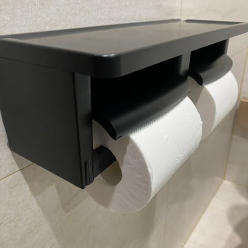 Matte Black Double Toilet Paper Holder with Shelf - Toilet Paper Cutting Function, Toilet Paper Holder Wall Mounted for Bathroom Washroom - color: Abs Black&black, size: Full
