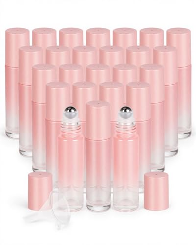 Worldgsb 25 Pack Essential Oil Roller Bottles, 10ml Refillable Glass Roller Bottles with Stainless Steel Roller Balls and Caps for Travel, Perfume and Lip Gloss Pink Gradient - color: Pink-Gradient, style: 25 Pack