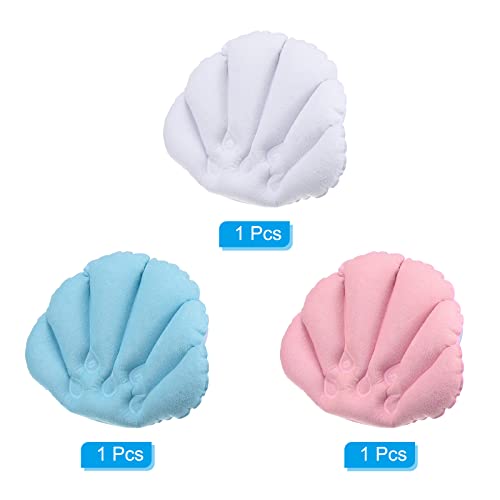PATIKIL Inflatable Bath Pillow with Suction Cups, 3 Pack Terry Cloth Covered Shell Shape Bath Pillow Neck Support for Bathtub Hot Tub (Pink, Blue, White) - color: Pink, Blue, White