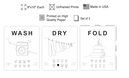 Poster Master 3-Piece Wash Dry Fold Print - Laundry Poster - Line Drawing Art - Black & White Design - Symbols & Guide Art - Minimal Laundry Room Decor - 8x10 UNFRAMED Wall Art - color: Style-04, size: 8"L x 10"W