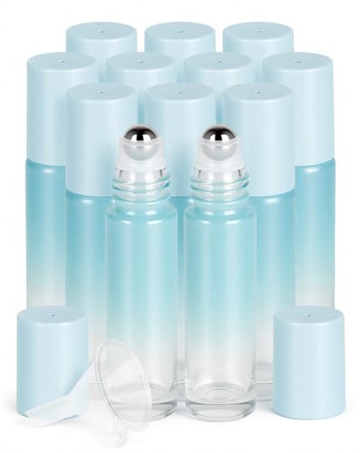 Worldgsb 12 Pack Essential Oil Roller Bottles, 10ml Refillable Glass Roller Bottles with Stainless Steel Roller Balls and Caps for Travel, Perfume and Lip Gloss Blue Gradient - color: Blue-Gradient, style: 12 Pack