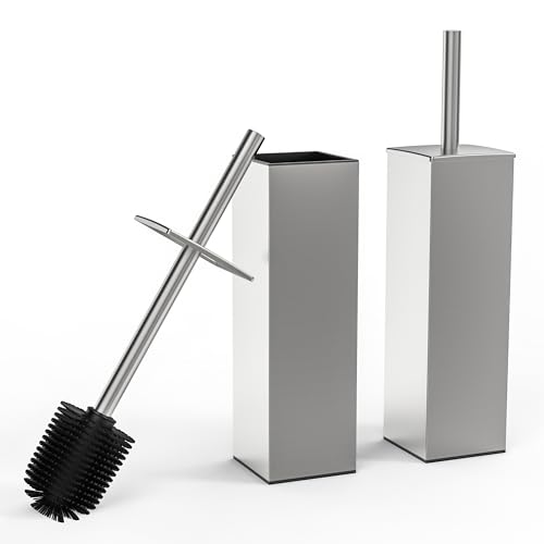 RUACQ Toilet Brush and Holder Set 2pcs,Square Toilet Bowl Brush for Bathroom with 304 Stainless Steel Handle Toilet Cleaner Brush with Durable Scrubbing Bristles,Splash-Proof (Brushed Nickel) - color: Brushed Nickel, size: 2 packs