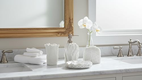 Hymmah Bathroom Accessories Set,Coral Seashell Design Toothbrush Holder,Farmhouse Bathroom Decor,4 Pcs Resin Gift Set Apartment Necessities, Contain Toothbrush Cup,Soap Dispenser,Soap Dish,Tumbler - color: Seashell White