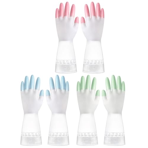TEHAUX Waterproof Anti-slip Cleaning Gloves 3 Pairs Set for Kitchen and Toilet Household Use, Non-slip Home Gloves in Pink, Green, Blue, Size M