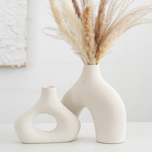 CEMABT Beige Ceramic Vase Set of 2 for Modern Minimalist Bohemian Decor，Round Matte Donut Vases for Pampas Grass-Perfect for Living Room, Dining Table, Office Bedroom Shelf Decor Entryway, Console… - color: Beige