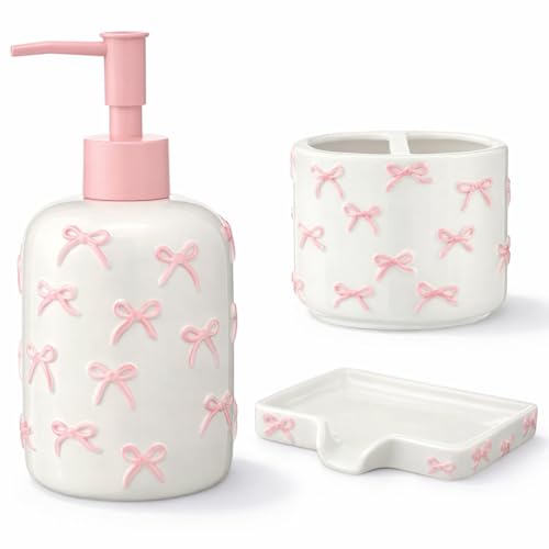 White Cute Ceramic Bathroom Accessories Set 3 Pcs - White Bowknot Soap Dispenser, Toothbrush Holder, Soap Dish - Modern Coquette Preppy Bathroom Decor & Apartment Essentials (Novel Style) - color: White