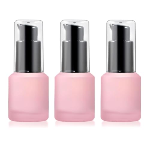 3PCS 15ML/0.5OZ Empty Pink Frosted Glass Bottles with Pump Refillable Vial Cosmetic Dispenser Jars Storage Travel Lotion Container Portable Sample Bottle for Toiletries,Foundation,Cream,Gel,Lotion - color: Pink, size: 0.5 OZ