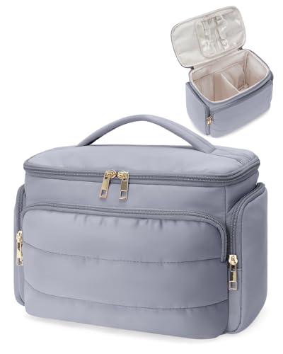 WANDF Travel Toiletry Bag for Women, Wide-open Large Makeup Bag with Handle, Puffy Makeup Organizer for Toiletries, Cosmetics, Accessories, Essentials (Slate Blue)