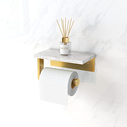 Brushed Gold Toilet Paper Holder with Natural Marble Shelf, 304 Stainless Steel Screw Wall Mounted, Tissue Roll Paper Holder Dispenser for Bathroom Washroom - color: Gold