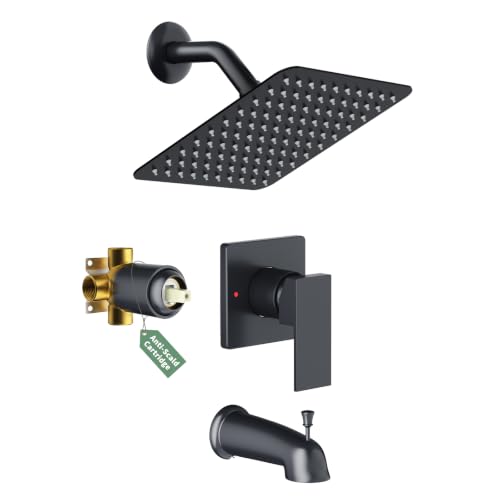 SunCleanse Tub Shower Faucet Set with Pressure Balance Valve, 8-Inch Rain Shower Head and Tub Spout, Single-Handle Shower Trim Kit, Shower Head and Handle Set for Bathroom, Matte Black - color: Matte Black