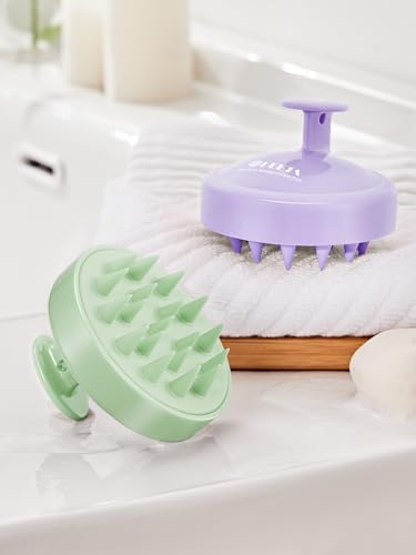 HEETA Scalp Massager Hair Growth 2-Pack, Soft Silicone Scalp Scrubber Shampoo Brush for Exfoliation Dandruff Removal Head Massage Stress Relax, Wet & Dry Use for Women Men Thick Thin Curly Hair Care - color: Purple & Grass Green