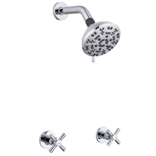 2 Handle Shower Faucet,Wall Mounted Two Handles Shower Faucet Set with 8 Modes Rainfall Shower Head,2 Knobs Single Function Shower Trim Kit with Rough-in Valve,Chrome - color: Chrome, style: 2 Handles-Single Function