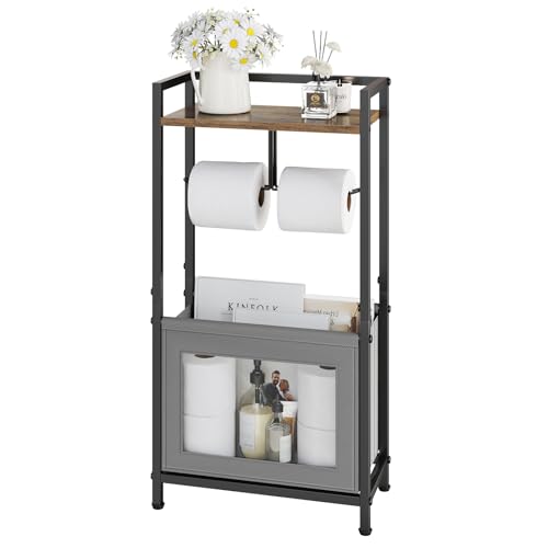 Toilet Paper Holder Free Standing with Storage Basket, Bathroom Tissue Holder Stand with Top Wood Shelf for Phones, Wet Wipes, Small Plants, Metal Toilet Paper Rack for Bathroom Organizer, Black