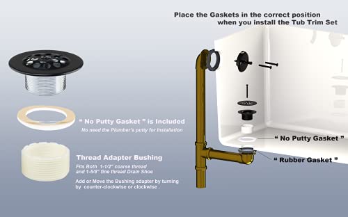 Matte Black Trip Lever Tub Trim Kit Set with Trip Lever Overflow Face Plate, No putty Gasket,Trip Lever Bathtub Drain with Strainer, Overflow and Matching Screws, No putty installation By Artiwell - color: MATT BLACK