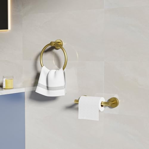Brushed Gold Toilet Paper Holder & Towel Holder, Bathroom Hardware Set-SUS304 Stainless Steel Double Post Pivoting Tissue Roll Holder and Hand Towel Ring Set for Bathroom, RV - color: Brushed Gold