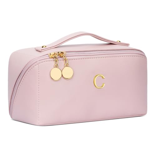 Initial Makeup Bag Gifts for Women Bridesmaid Gifts Travel Toiletry Personalized PU Leather Waterproof Cosmetic Bag (Medium-Pink-C) - color: MediumPink, style: C