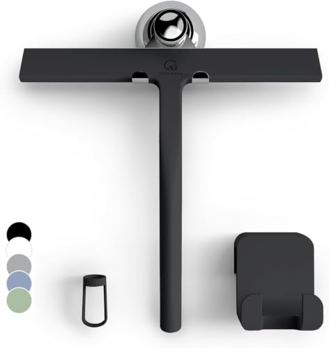 GÜTEWERK Silicone Shower Squeegee for Glass Doors & Mirrors with Stainless Steel Core, Streak-Free & No-Squeak Window Cleaning, 3-in-1 No-Drill Mount (Hook/Suction/Adhesive), Black, 9'' - color: Black, size: 9 Inches