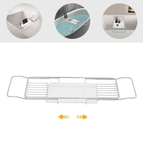 Expandable Bathtub Tray, Stainless Steel Bath Table Tray with Marble Board, Modern Luxury Bathtub Shelf for Bathrooms, Kitchen Sink (Silver+White) - color: Silver+white