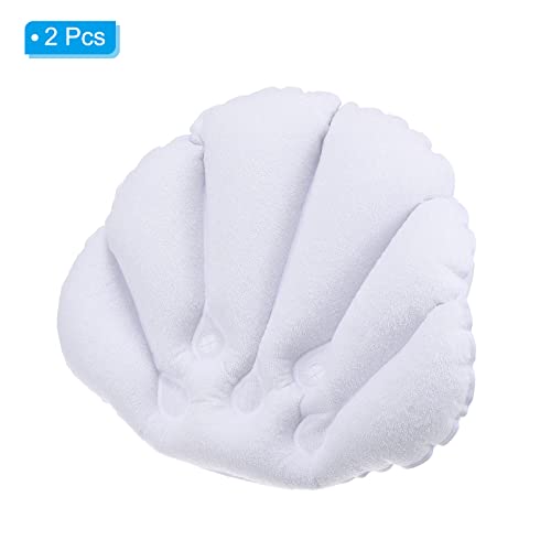 PATIKIL Inflatable Bath Pillow with Suction Cups, 2 Pack Terry Cloth Covered Shell Shape Bathtub Spa Pillow Neck Support for Bathtub Hot Tub, White - color: White