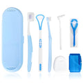 7-in-1 Travel Oral Care Kit with Case – Toothbrush, Tongue Scraper, Wisdom Toothbrush, Dental Floss, Floss Threaders, Interdental Brush, Dental Wax, Portable Hygiene Set for Daily Use Travel (Blue) - color: Blue