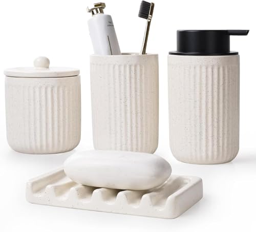 BosilunLife Beige Bathroom Accessories Set - Ceramic Bathroom Counter Soap Set Bathroom Decor Sets Accessories Bathroom Lotion Soap Dispenser and Toothbrush Holder Set, Soap Dish, Apothecary Jars - color: Beige-foam