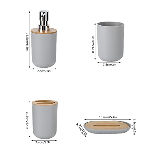 Set of 4 Complete Bathroom Accessories, Bathroom Set with Toothbrush Holder, Dish, Lotion Dispenser and Cup, in Plastic + Bamboo(Grey) - color: Grey