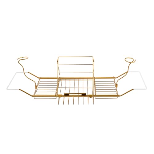 BDL Bathtub Caddy Expandable Bath Tub Tray Table with Wine Holder, Free Soap Dish and Laptop Reading Rack, Bathtub Tray for Home（Bronze） - color: Bronze