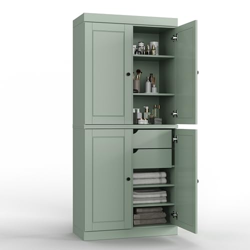 Palace Imports Solid Wood Tall Bathroom Pantry Cabinet with 4 Wooden Doors & Adjustable Shelves, Sage - 100% Eco-Friendly, Renewable, Space-Saving Storage, 71.5" H x 32" W, Made in Brazil - color: Sage