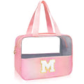 Personalized Initial Clear Makeup Organizer Large 9.13x3.54x6.89 Letter M Pink with Golden Chenille - Waterproof PU Leather Travel Cosmetic Case for Women Teen Girls - color: Pink, style: M