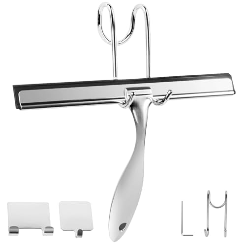All-Purpose Stainless Steel Shower Squeegee Come with S Hook, 2 Square Sticky Hook 2 Rubber Strips Shower Squeegee for Glass Doors, Windows, Mirrors, Tiles and Car Glass -10 Inches Silver - size: 10"W x 7.09"H