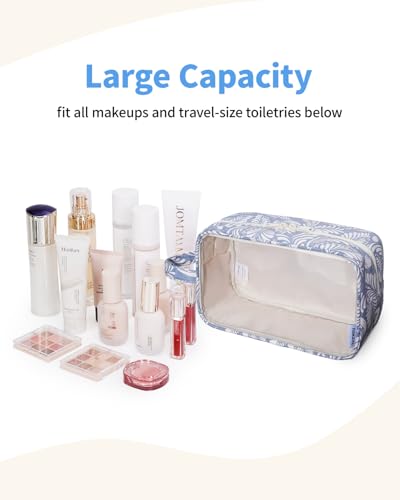 Narwey Clear Toiletry Bags for Traveling Women Men, Clear Travel Bags for Toiletries Makeup Bag Cosmetic Bag with Zipper, Make Up Organizer, Skincare Bag (Blue Leaf) - color: Blue Leaf