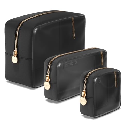 Clear Cosmetic Bags Set of 3, Mini Small Large Makeup Bags For Women Clear Pouch Cosmetics Cases Zipper Cute Pouches Make Up Travel Toiletry Essentials Preppy Purse Organizer Makeup Cases, Black | Large, Medium & Small Clear Nylon/PVC Cosmetic Bags with Z