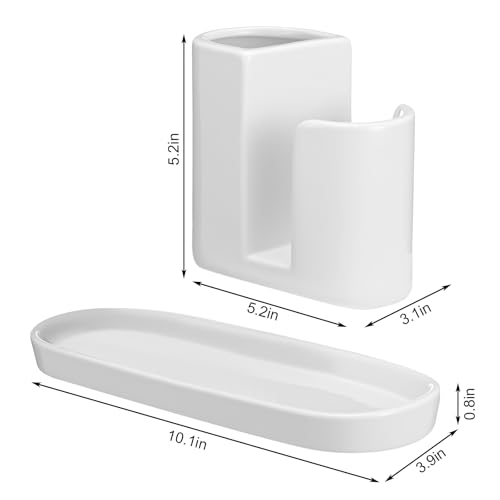 Geelin 3 in 1 Ceramic Kitchen Sink Caddy Dish Sponge Holder Scrub Brush Holder and Soap Tray for Kitchen Organizer White Rustic Farmhouse Supplies(White) - color: white