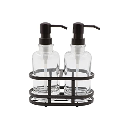 3 Piece Round Heavy Weight Glass Soap Lotion Pump Dispenser Set with Metal Caddy for Home Bath Kitchen Travel Office Hand Crafted Metal Tray Oil Rubbed Bronze